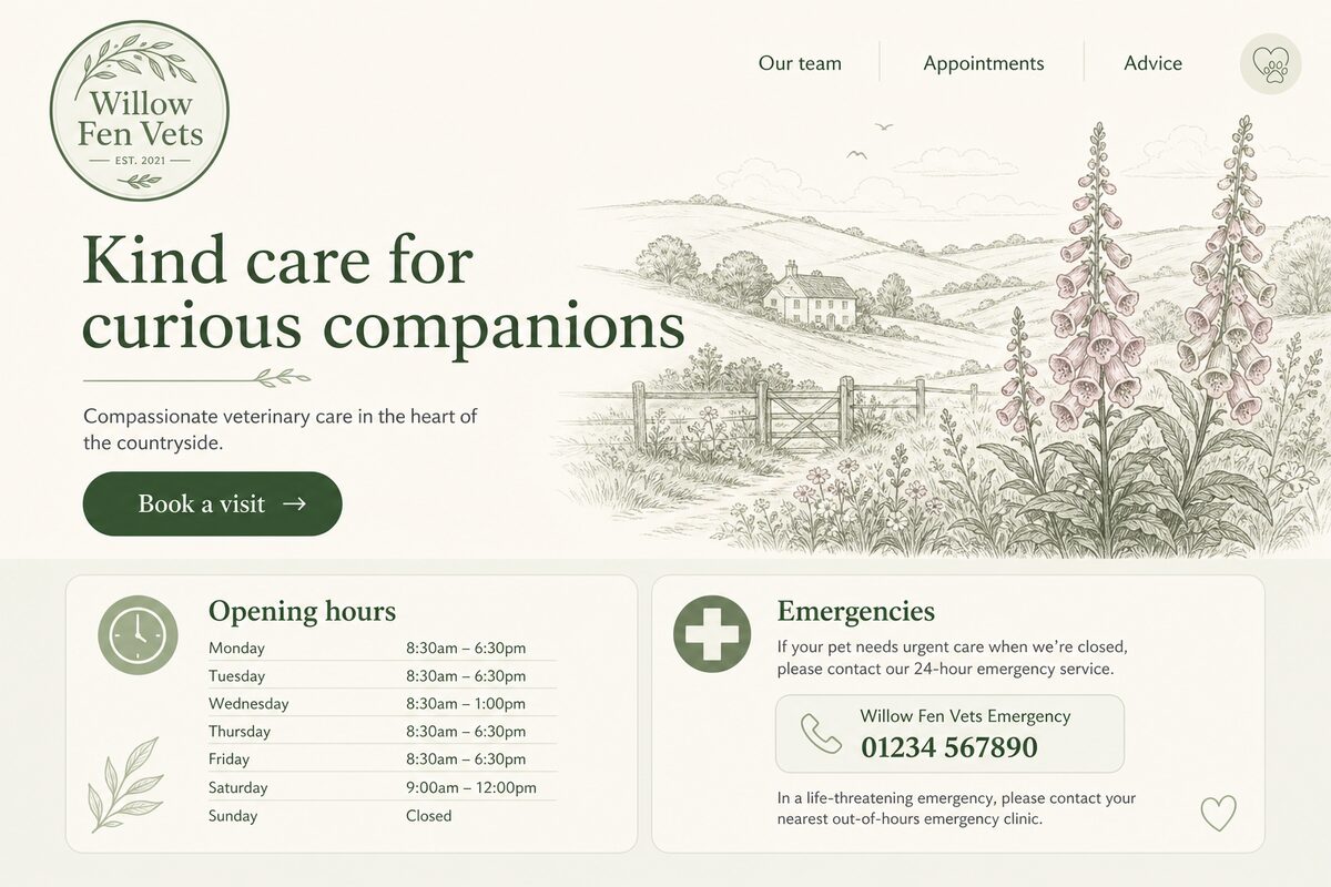 Fictional veterinary clinic website, Willow Fen Vets